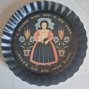 Decorative Black Metal Plate with Folk Art Design Tole Twins Amish Vintage